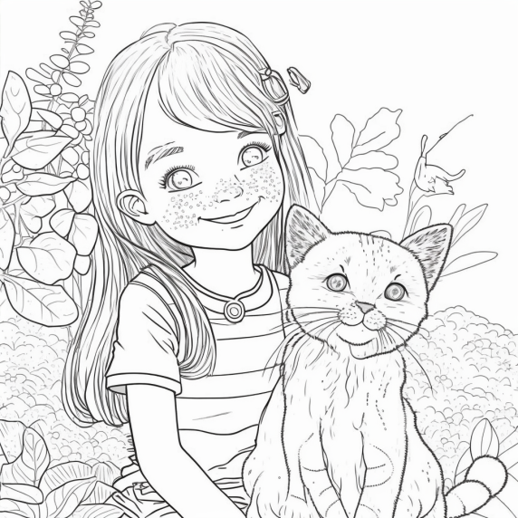 cat drawing with a girl